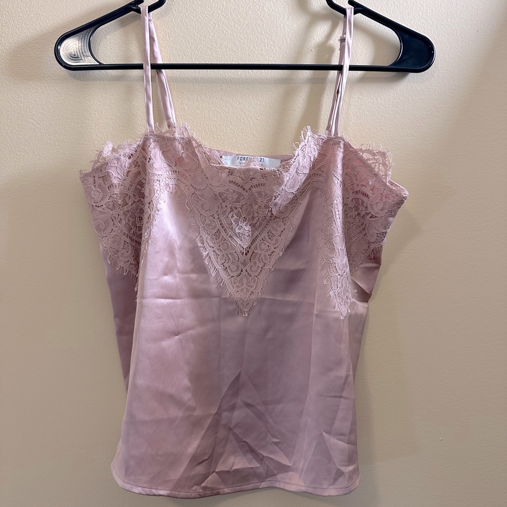 F21 blush pink lace trim satin tank